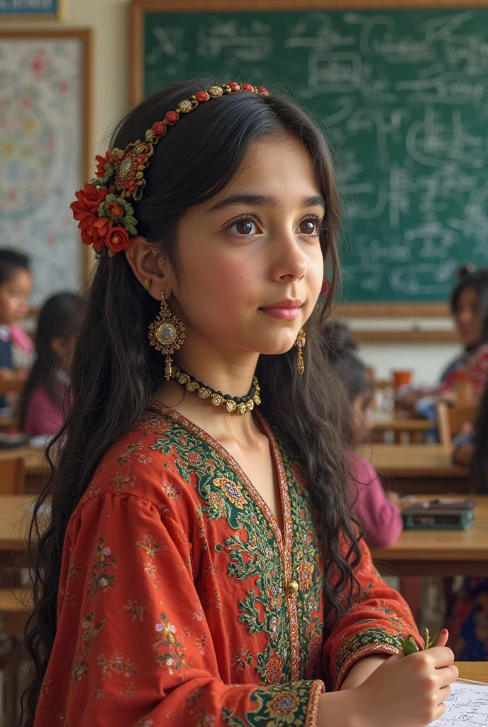 A Persian girl  with pershian uniform in the math class nex to the bord