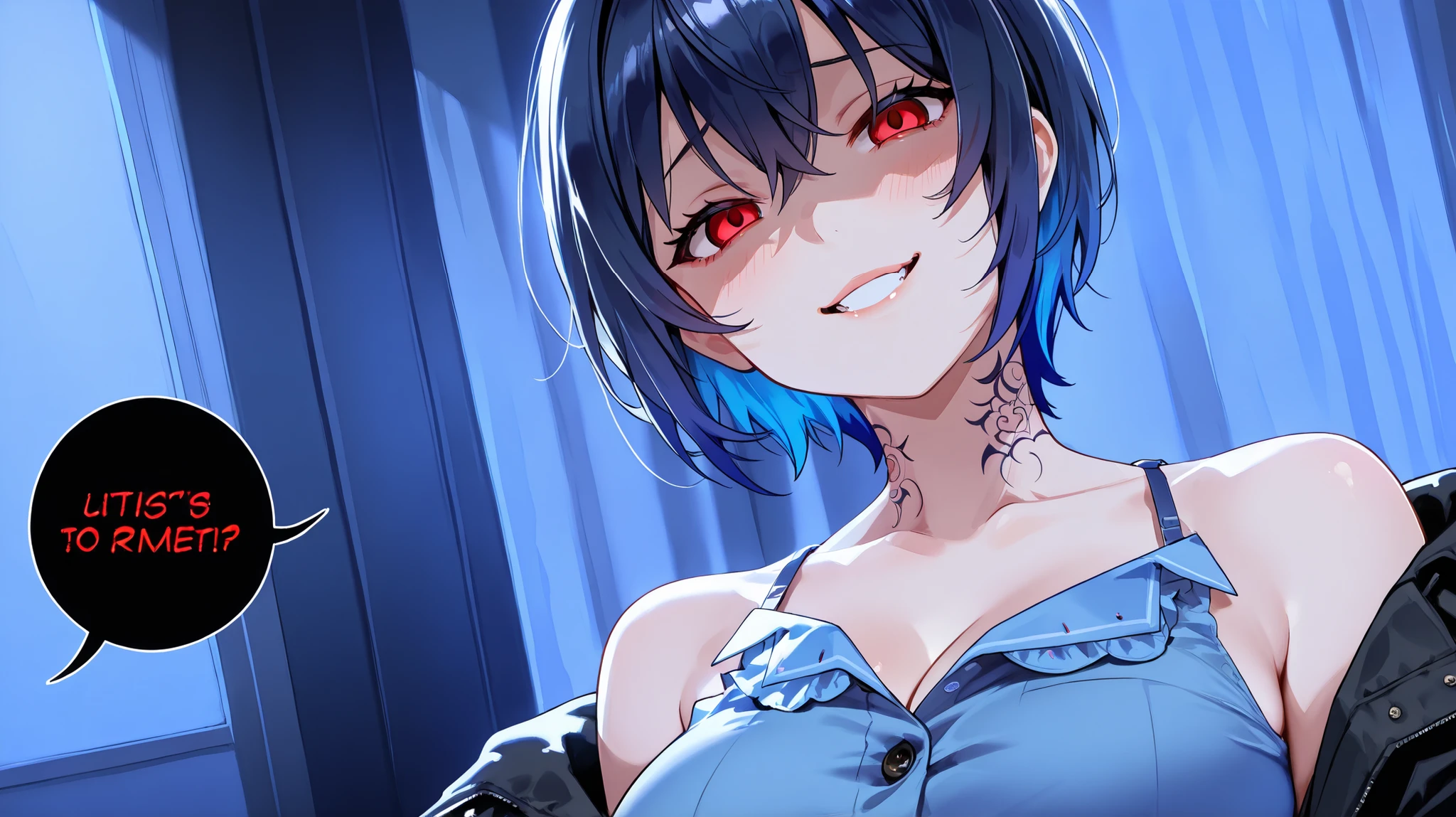 dark blue hair, short hair, multicolored hair, symbol tattoo on the neck, red eyes, Yandere expression , Yandere, evil smile, blue blouse with buttons, blouse open between the breasts , black coat, Bare shoulders, hottie, sexy