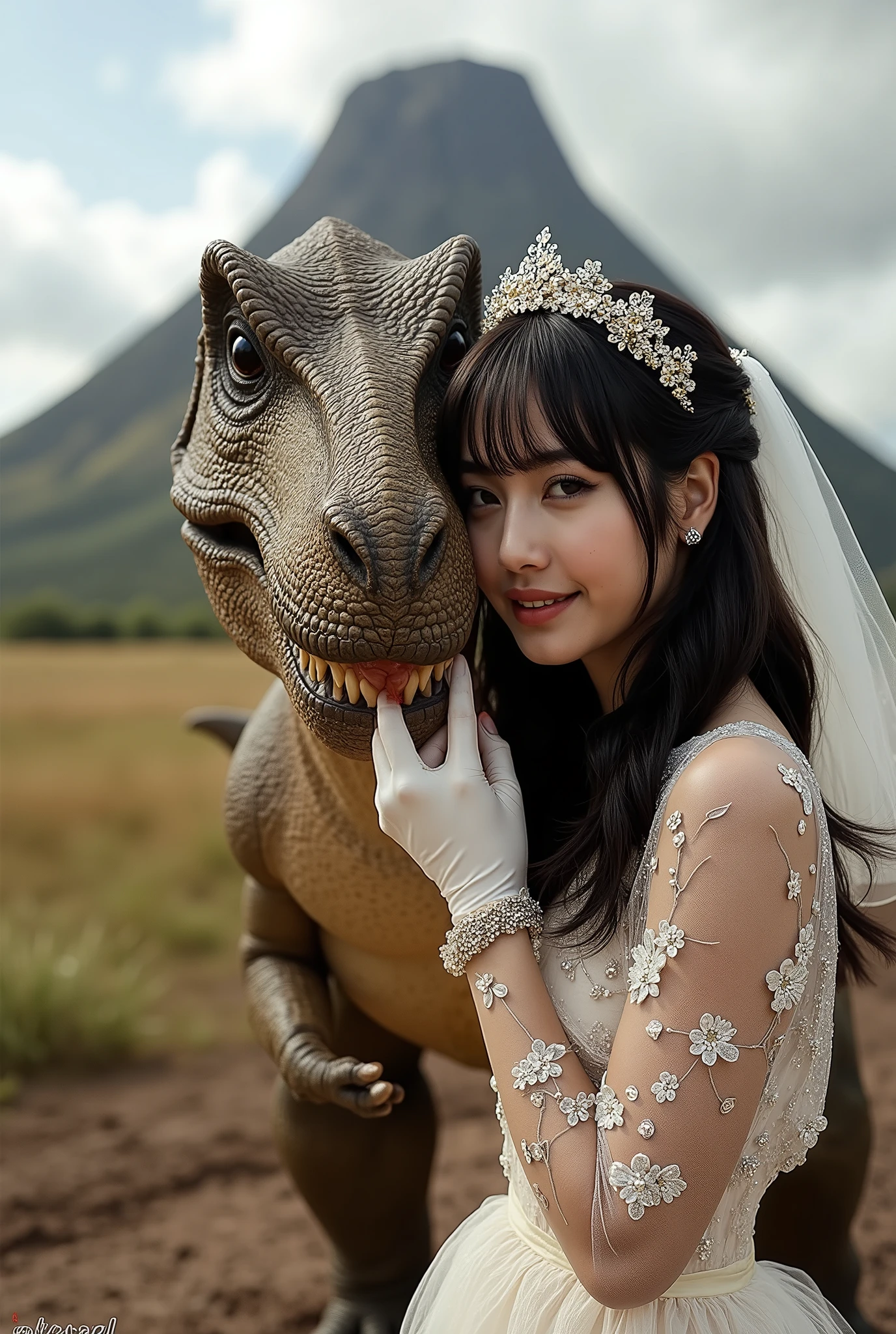 Create a portrait of a stunning Japanese female singer with a slim physique, small bust, and slender legs. She has long hair with bangs and is wearing a prehistoric-style leopard print mini wedding dress, complemented by a wedding veil and gloves. She is smiling affectionately next to a Tyrannosaurus rex. The background features a Cretaceous plain with a volcano, captured from a dynamic angle.