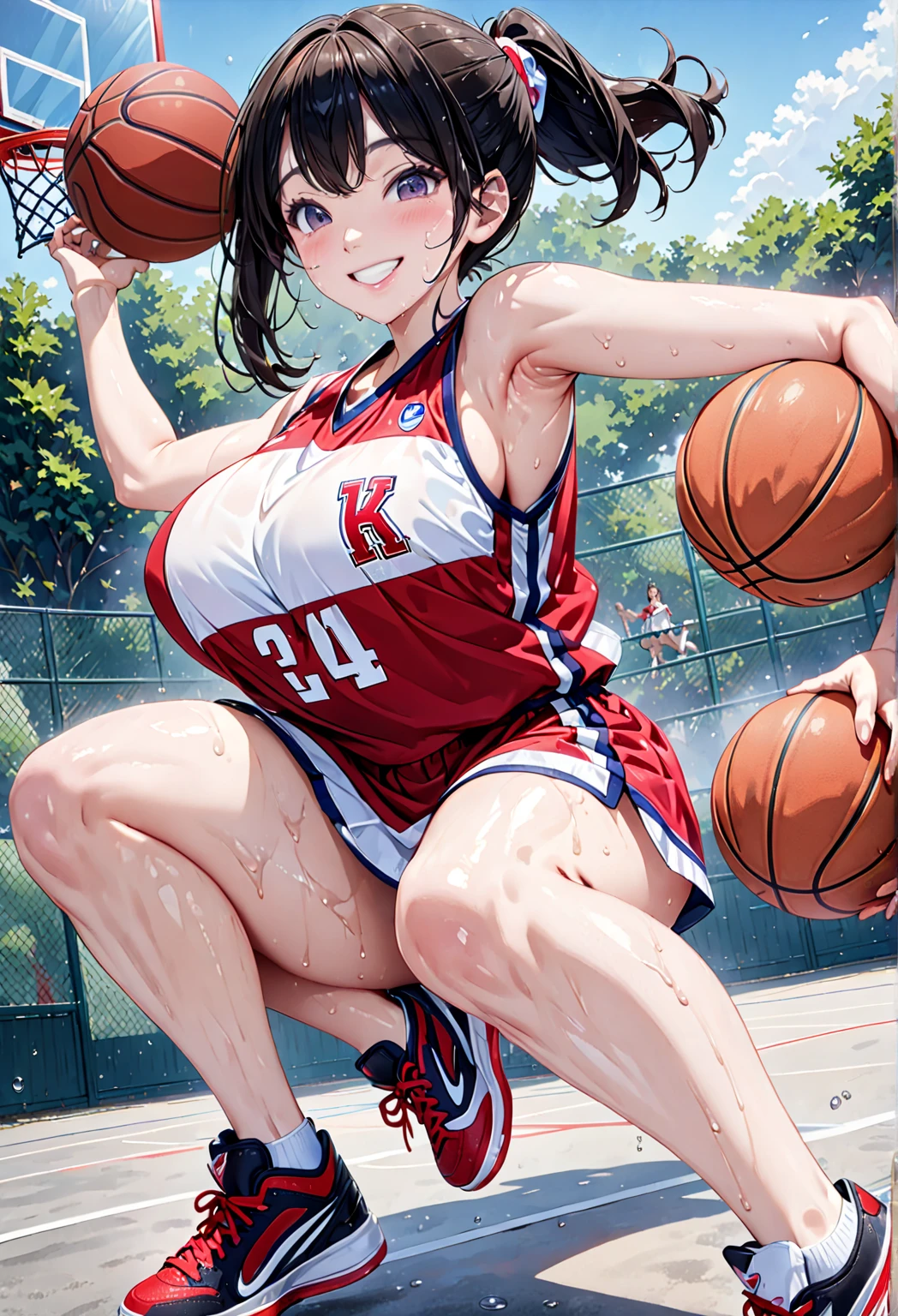 Highest quality、High resolution、Detailed Background、Beautiful Face、High detail、(Perfect Anatomy, Perfect Style)、(Detailed facial expressions)、(fine grain:1.2)、Teenage Beauty、(very wide shot:1.5, full body:1.4), One Girl、Elementary school students, Cute black hair、Braided Bob, Braided, clear, deep blue eyes、Braided Ponytail, Braided bob cut, Basketball game in the gym, jumping:1.5, dunking:1.5, brake, Incredible jumping ability:1.5, Suspended in the air, ready to shoot:1.5, ((aerial view:1.5, shoot from side, looking up)), (Bright red uniform:1.5, Blue Line, No sleeve:1.5, Red high-top basketball shoes)、(armpit:1.2), ((large breasts:1.2, pointy breasts:1.2, high breasts:1.2)), He is about to hit the ball he is holding in one hand into the basketball goal above his head., The goal is 3m above the ground.