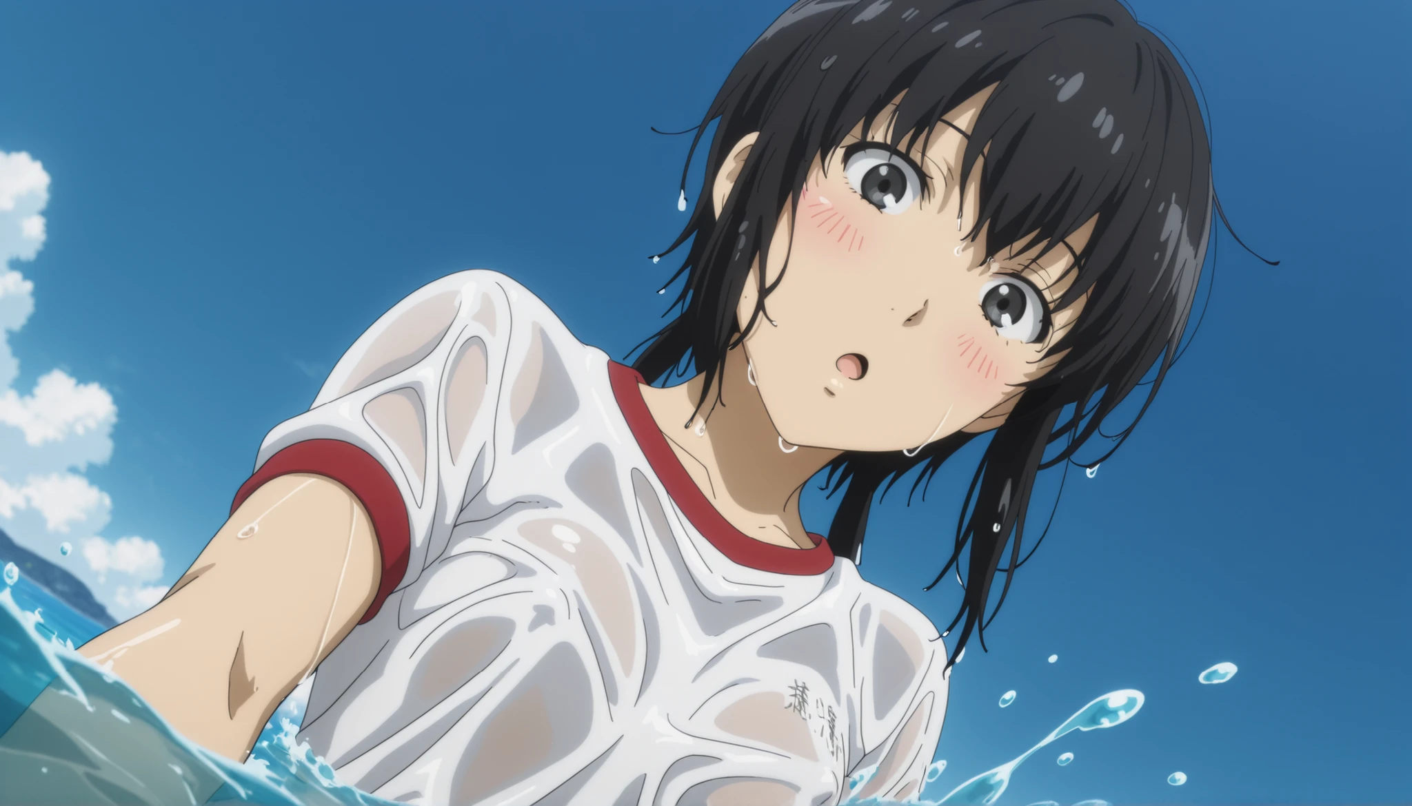 masterpiece, very aesthetic, (anime coloring, anime screenshot), official art, illustration, , Tamako, wet shirt, gym shirt, partially submerged, ocean, covered nipples, looking at viewer, :o, blush, close-up of chest, looking down, from below, splashing, blue sky,