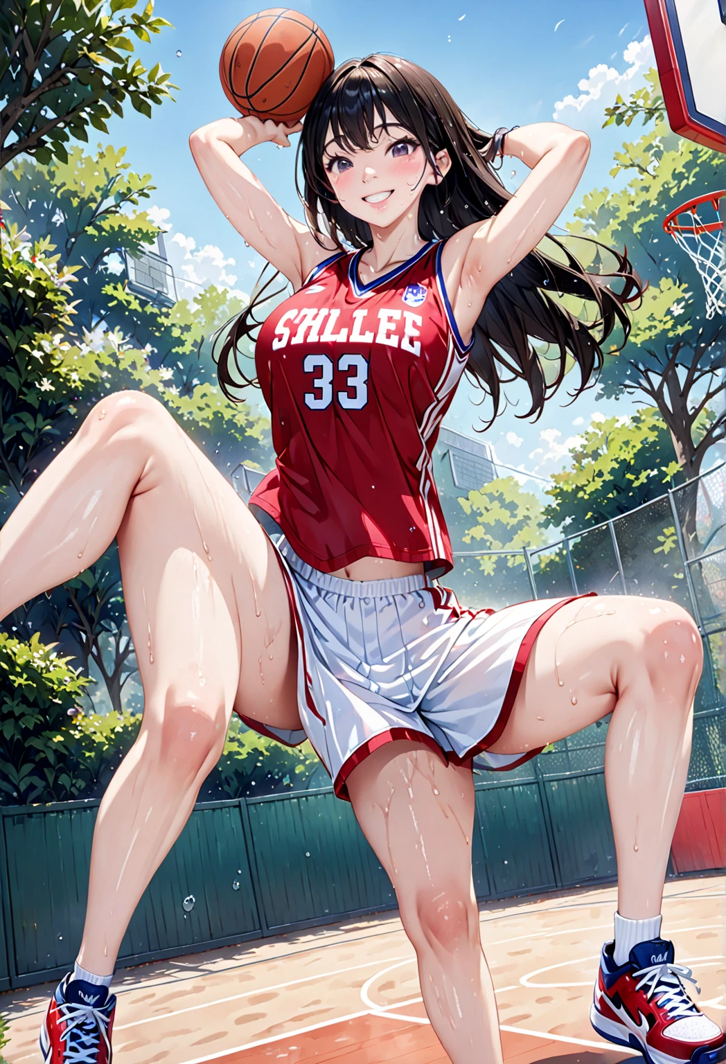 athletic in park, loose clothes, nipple leaked, panties leaked, basketball