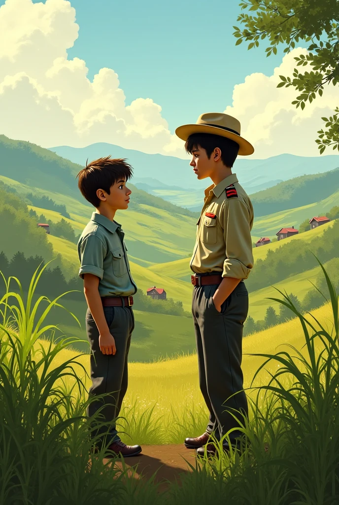 chēlēra madhyē kathābārtā calachē
A conversation is going on between the farmer's son and the officer's son.