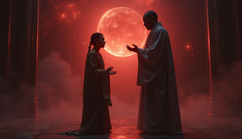 (Ultra realistic), burmese professor teah his student , the universe in the own body (deep and dark mood) with red light 