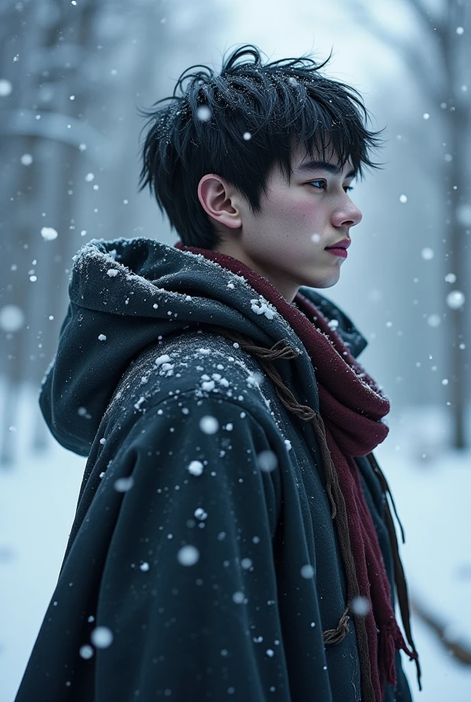 Create a 20-year-old man desperate to escape from a monster and has black hair, Dark circles but it looks good on him with dark eyes and surrounded by snow he is like a warrior about to crumble. But he's handsome like a doll 