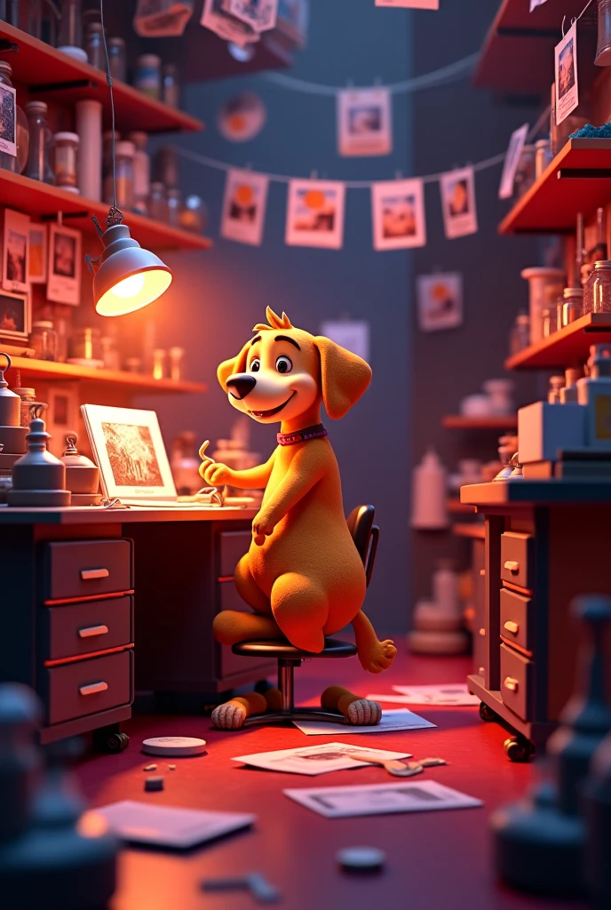 The dog in a darkroom developing photos, with red lighting and photos hanging on lines, looking excited at his prints"3D cartoon image 