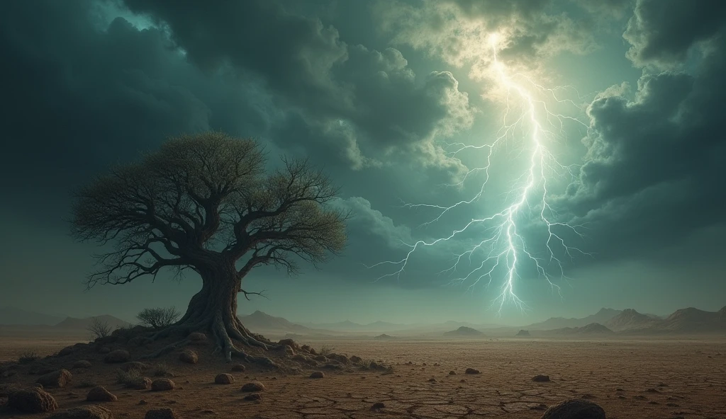 an environment stormy sky, dark clouds, lightnings, in a dry landscape and with a dry tree