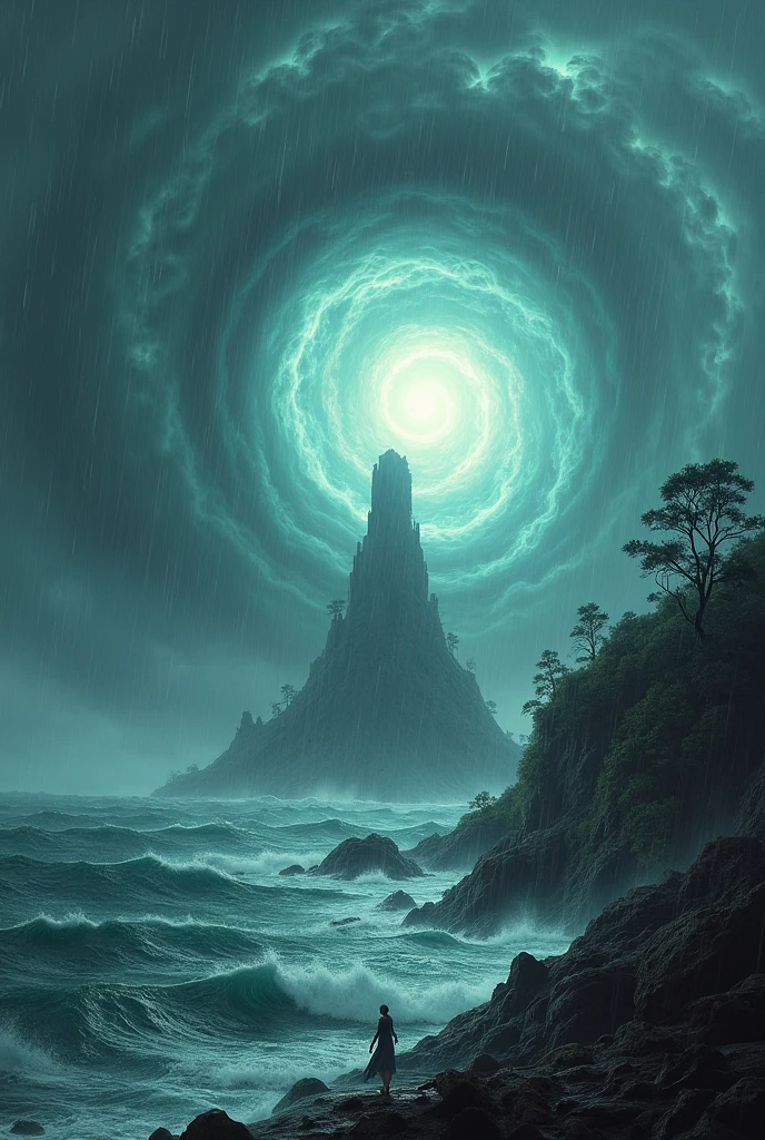 cyclone at sea with an island and a troveway in the background, all in hmary