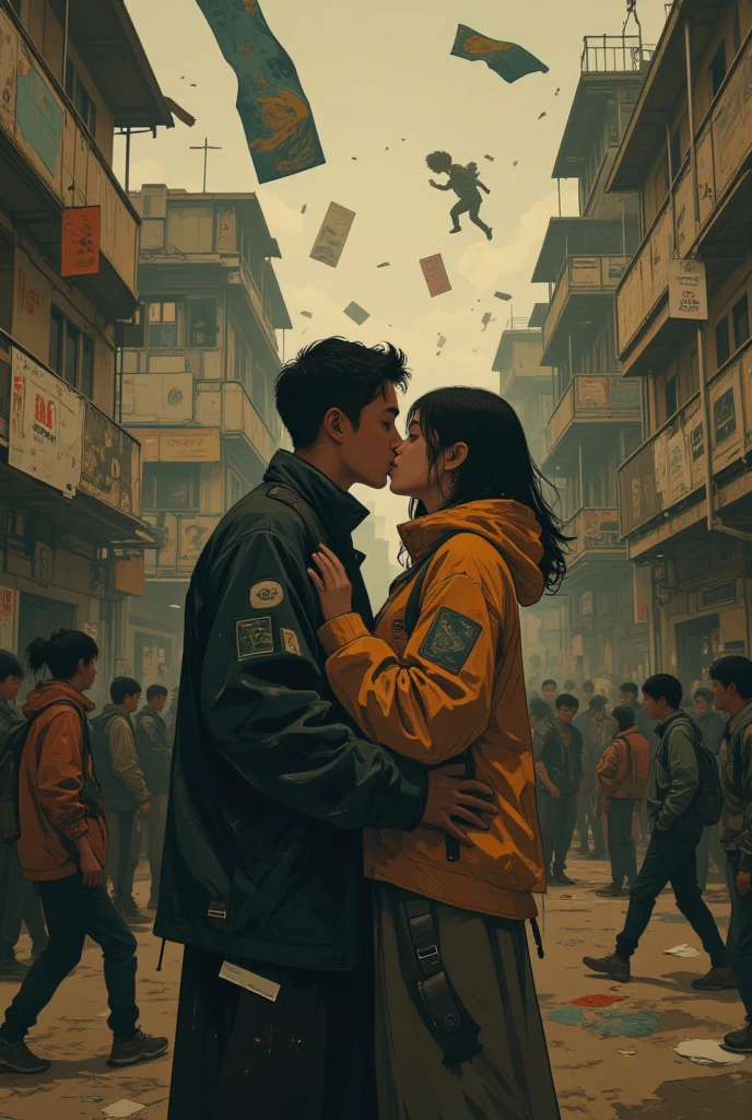 a couple, hugging in scare, in the middle of college chaos, chaotic scene, really messed up, posters are floating in the foreground and background, inside the campus hall, ((all of students are fighting everywhere)), jumping students, kicking, punching, ((fighting students in the foreground)), collosal action brawls scene, cinematic composition, dynamic angle, slow motion effect, depth of field, blurry foreground and background, focus on hugging couple between foregrounds, masterpiece, good quality, amazing quality, very aesthetic, dramatic lighting, high-resolution.