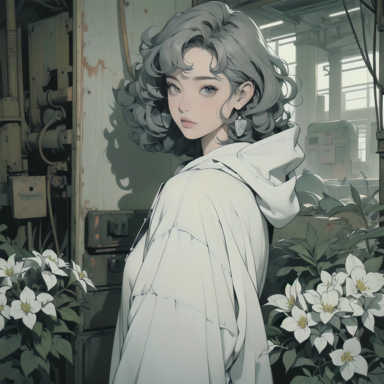 (((  masterpiece,   top quality ))), (((32K Wallpaper))),  (((Very detailed and advanced background)))、perfect face, detailed hair that closes both wings, headshot, lots of white flowers,  gorgeous light leak, (((Broken and rusted heavy equipment))), (((beautiful  perfect face))), (((black and white hooded simple hoodie))),  詳細なshadow, (((shadow))), (((Gray hair color))), (((Curly perm hair)))、(((looking back over the shoulder)))、(((white owl)))、(((Foggy abandoned factory)))