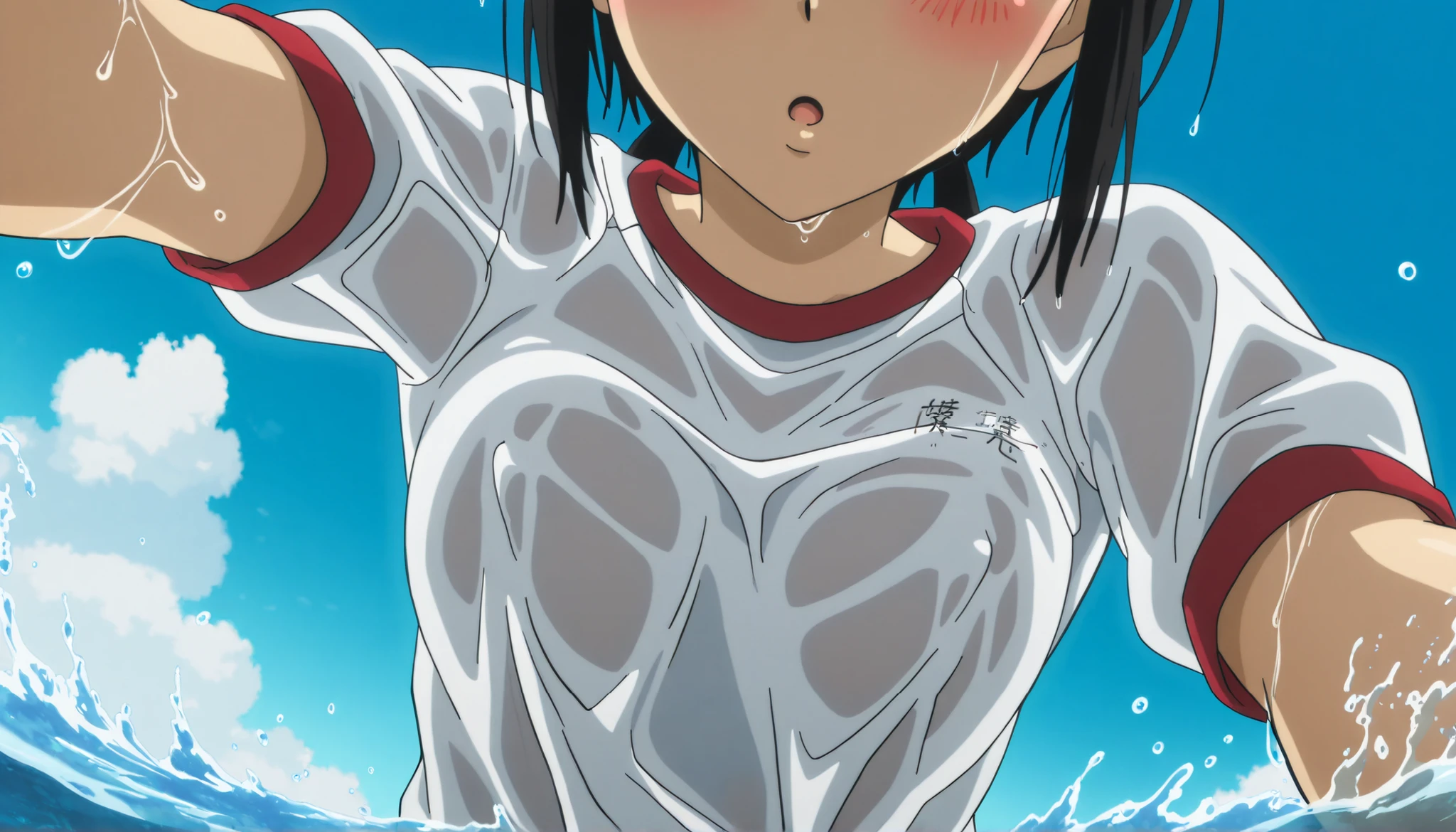 masterpiece, very aesthetic, (anime coloring, anime screenshot), official art, illustration, , Tamako, wet shirt, gym shirt, partially submerged, ocean, covered nipples, looking at viewer, :o, blush, close-up of chest, looking down, from below, splashing, blue sky,