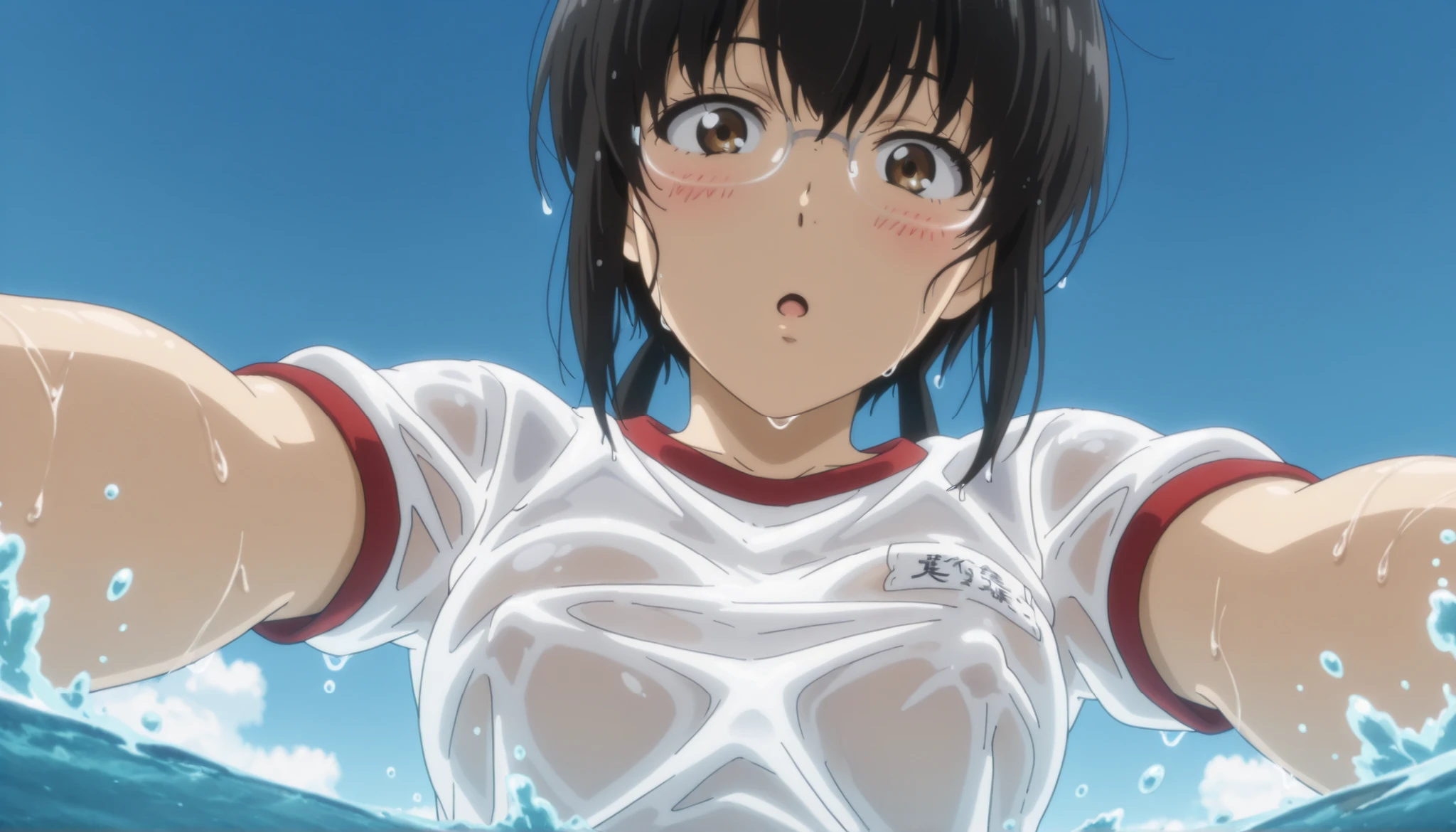 masterpiece, very aesthetic, (anime coloring, anime screenshot), official art, illustration, , Tamako, wet shirt, gym shirt, partially submerged, ocean, covered nipples, looking at viewer, :o, blush, close-up of chest, looking down, from below, splashing, blue sky,