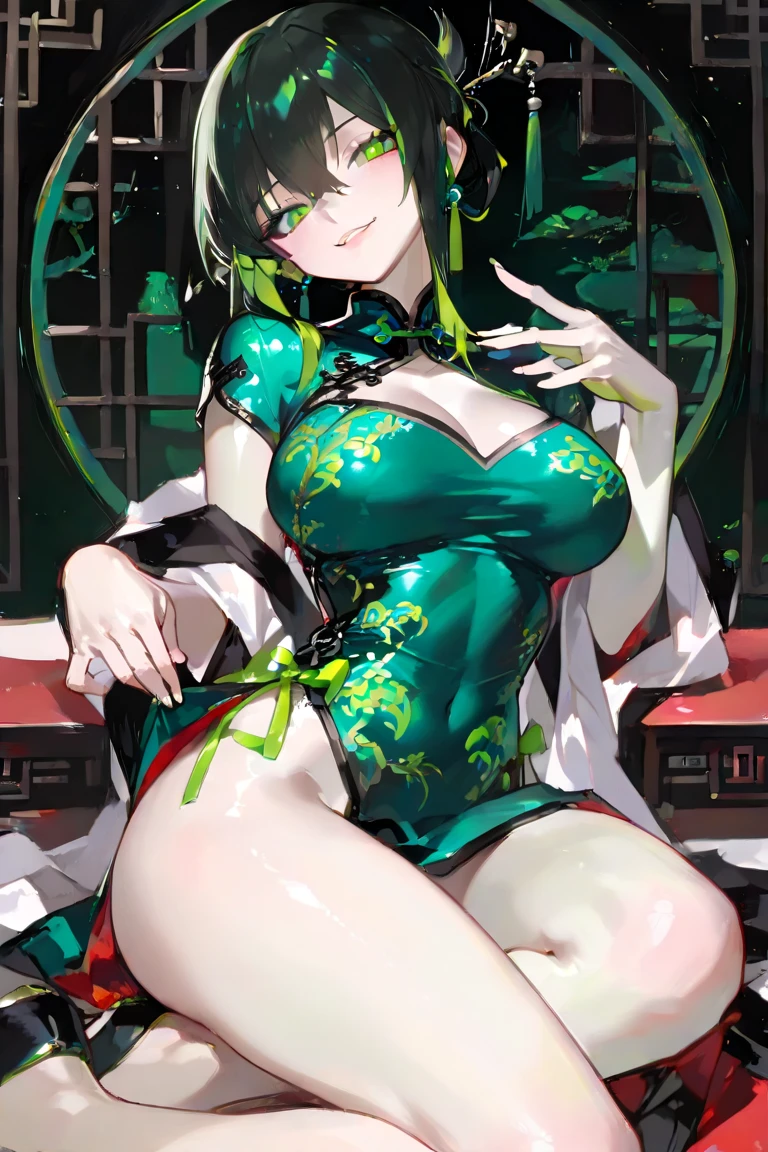 score_9, score_8_up, score_7_up, score_6_up, uncensored, claire kagenou, long hair, black hair, red eyes, BREAK detailed eyes, beautiful eyes, perfect eyes, assertive female, (perfect hands, perfect anatomy), detailed skin texture, (blush:0.5), (goosebumps:0.5), excessive sweating, sweating profusely, sweating drop BREAK, ruanyi0530, bare shoulders, android, black choker, bodysuit, zipper, green necktie, mechanical parts, sleeveless, white gloves, green necktie, see-through, green bodysuit, BREAK, 1girl, breasts, solo, squatting, armpits, spread legs, barefoot, seductive smile, moon, arm up, arm behind head, mature female, full body, feet, tori, japanese architecture, holding pipe, backlighting, field,
