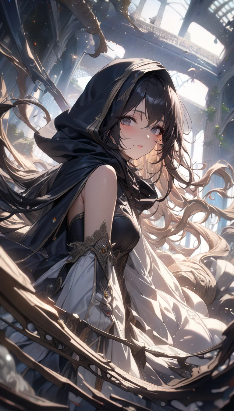 One lady,ar old, ,((())), (()), (())((I'm opening my mouth)),((micro skirt, bodysuit and short cloak))(A smile),,(A dark-haired,),((Fantasy,Moon Night))((Clothes are torn))