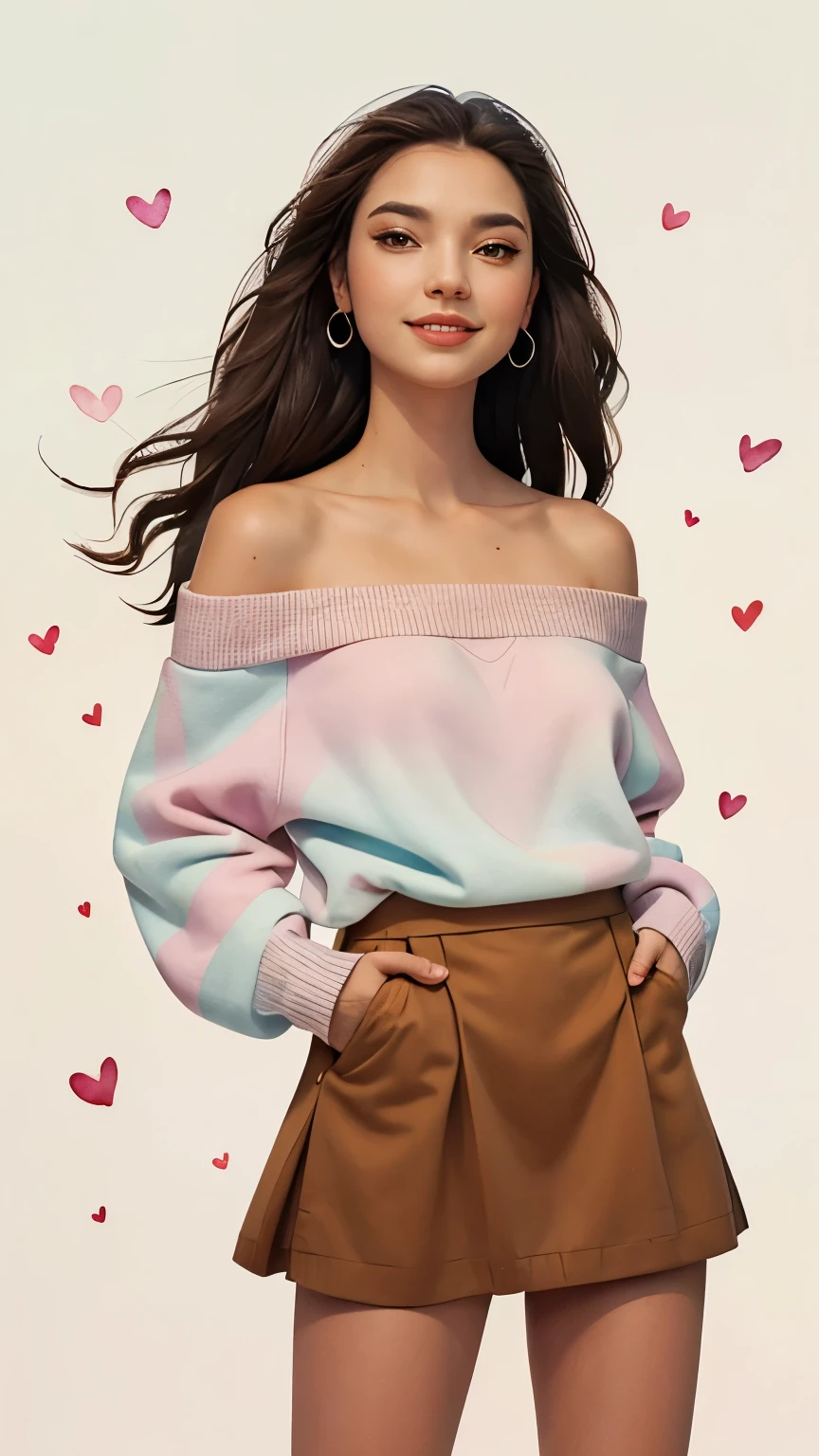 two-dimensional, national foundation, pastel colors, watercolor, line art, ankymoore, woman, alone, long hair, looking at the audience, short skirt, brown hair, smiling, oversized sweater, off one shoulder, brown eyes, jewelry, Hearts in the air, view from below, standing on edge of a lineart illustration ink dripping background