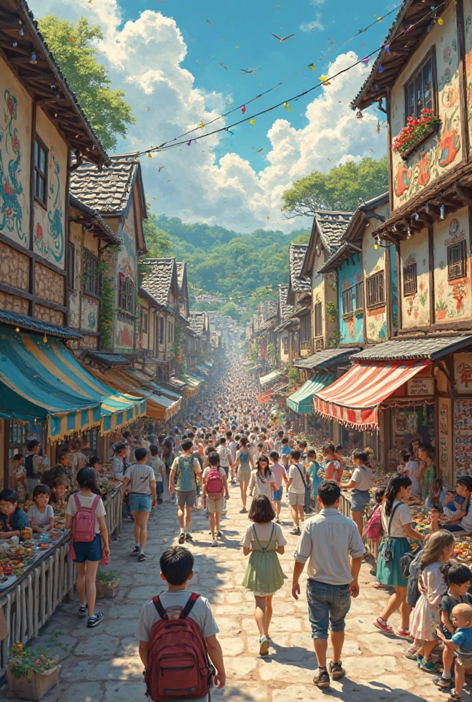 On a large street where the fair takes place, people are having fun bustling with old houses painted like ghibli