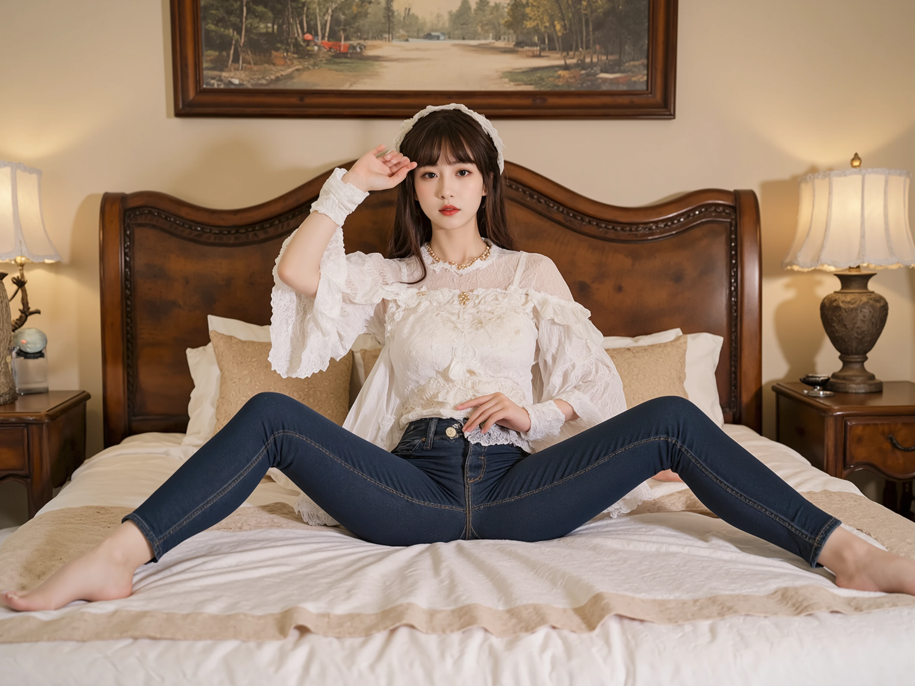 A 20 year old beautiful black long-haired Asian girl, sits on the bedroom bed,wears an elegant white strapless shirt, Dark blue skinny jeans,Very Sexy,jeans wrap her lower body tightly,creates an atmospheric cinematic beauty between the legs, that makes her stand out effortlessly。 with plump . she spread her legs ,Sit on the bed in an M-shaped position with open legs,The crotch of the jeans fits tightly to hers,very relaxed showing her crotch,From there, you can see her triangle and camel toe,Hope to be seen and paid attention to by more people,She caresses her triangle with her fingers,Desperate to climax,high resolution,
