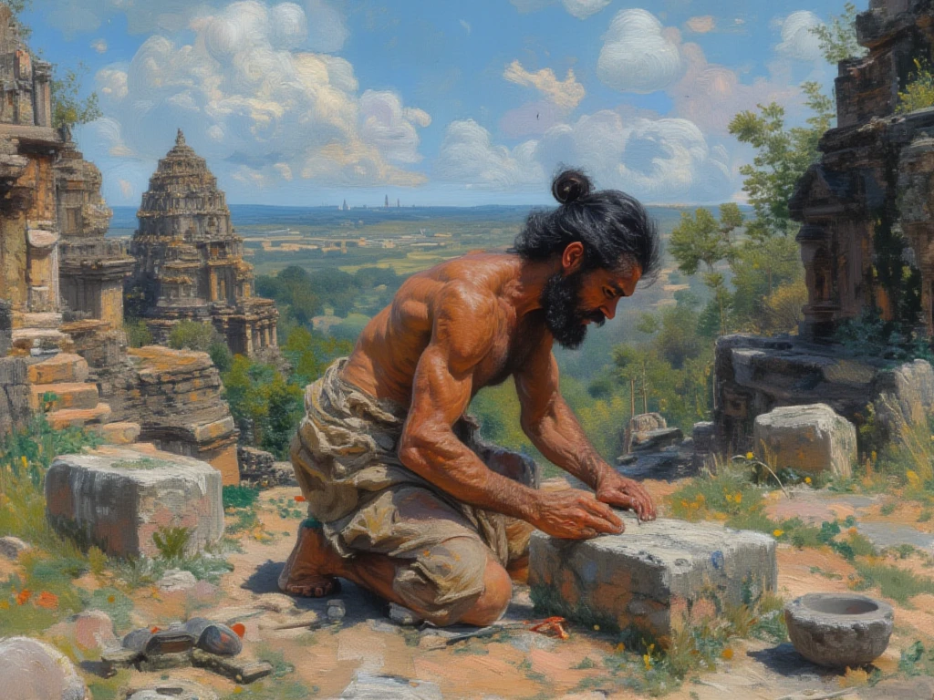 A detailed digital painting in a realistic yet artistic style depicts a -chested man with long black hair tied in a simple bun, a thin beard and mustache, and wearing a light brown or cream-colored sarong, kneeling amidst ancient stone ruins. He appears to be meticulously working on a rectangular block of grey stone with his hands, suggesting carving or smoothing. Beside him lie tools including a chisel and possibly a mallet. The background reveals a vast landscape dominated by several large, intricately structured stone temple buildings with multi-tiered designs, characteristic of Southeast Asian architecture, under a bright blue sky with white clouds. Scattered around the man are other weathered stone blocks, hinting at ongoing restoration or study of the historical site. The lighting is natural and illuminates the scene, highlighting the textures of the stone and the man's physique. The overall atmosphere is one of quiet concentration and dedication to preserving cultural heritage within a majestic and ancient setting, possibly reminiscent of Angkor or ancient Javanese temple complexes.
