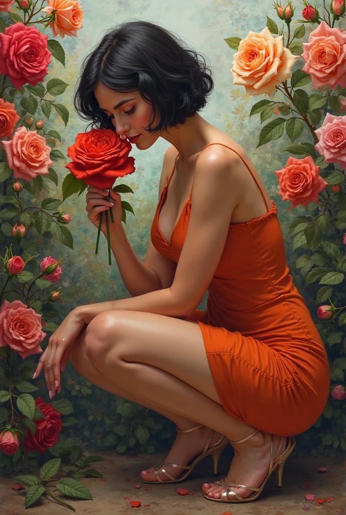  A Spanish young woman with a curvy body with short hair wearing a short orange dress that shows her thighs. She wears a light heel and bows to smell many roses around her