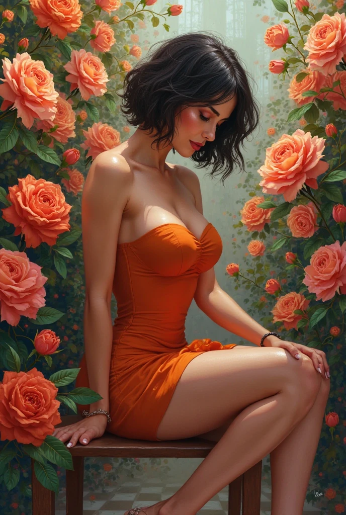  A Spanish young woman with a curvy body with short hair wearing a short orange dress that shows her thighs. She wears a light heel and bows to smell many roses around her
