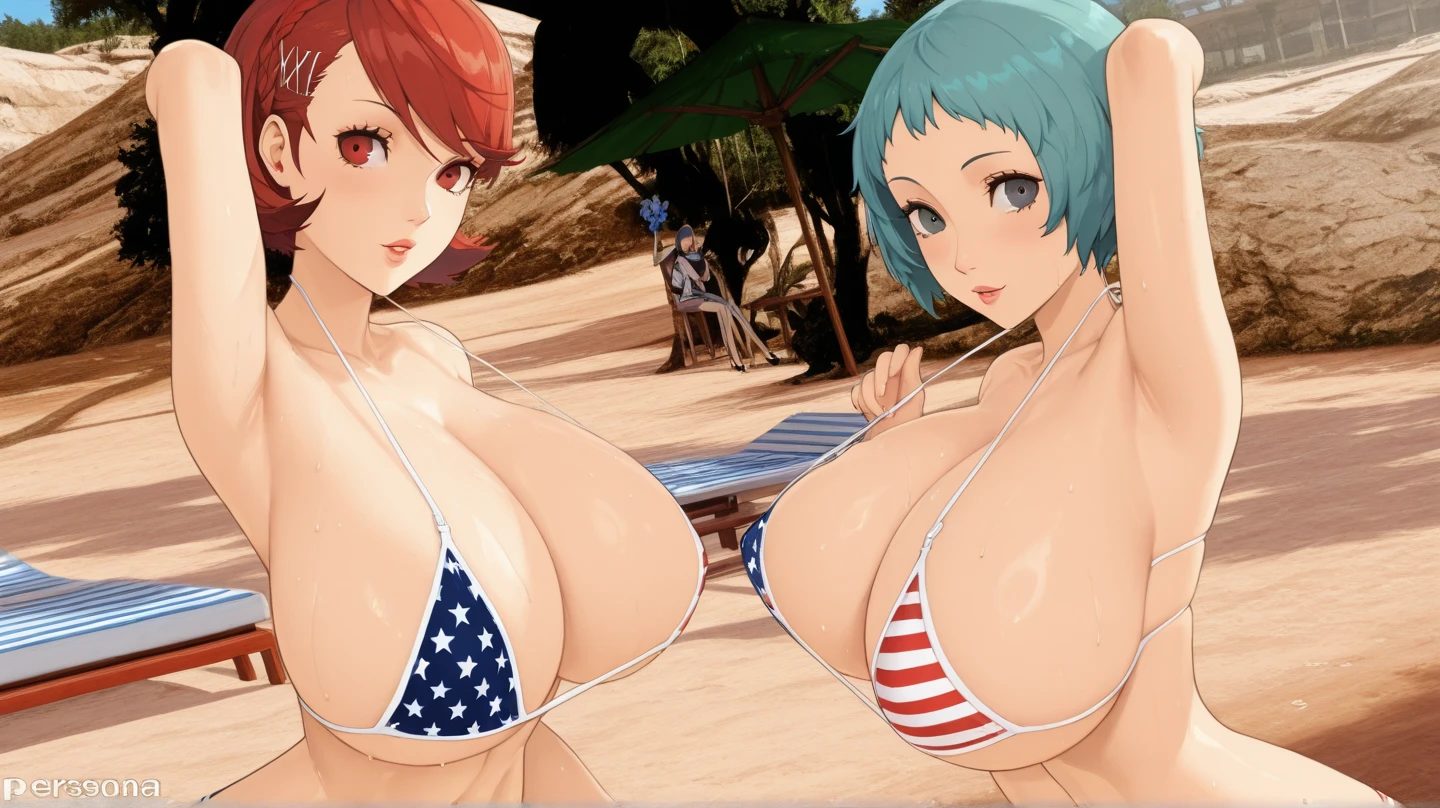 top-quality、extremely delicate and beautiful、(One Woman)、Woman in her late 20s、(((a blond)))、(Americana)、(bule)、(Eyes are emerald green)、Female Teacher、(((Stars and Stripes Bikini)))、(Stars and Stripes Bikini Lower Body)、inside in room、is standing。A smile、(Held together on the side pony with a black scrunchie)、(Only a bunch of bangs curls)