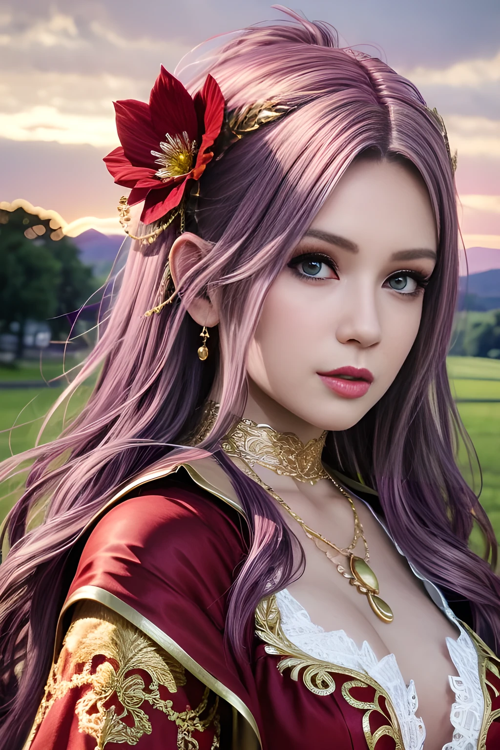 A beautiful woman with long hair styled elegantly, wearing a detailed white lace bodysuit and a luxurious red cape with gold trim. She has a regal and enchanting appearance, adorned with a delicate red gemstone necklace. The background features a countryside landscape with blooming flowers and a warm sunset glow. Ultra-detailed, fantasy-themed, high-quality, cinematic lighting, realistic textures, intricate embroidery.