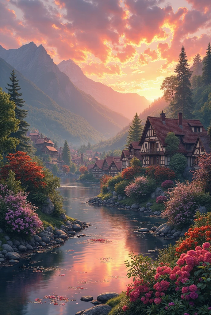 A small town by the river, mountains in the background, colorful floral flowers, detailed landscape, beautiful natural landscapes, atmospheric lighting, scorching sunset, warm colors, practical, photographic, detailed foliage, complex buildings, cobblestone street, charming country house, vibrant colors, lush vegetation, reflections in the water,  picturesque, idyllic, artwork, best quality, 8K, extremely detailed, anime style