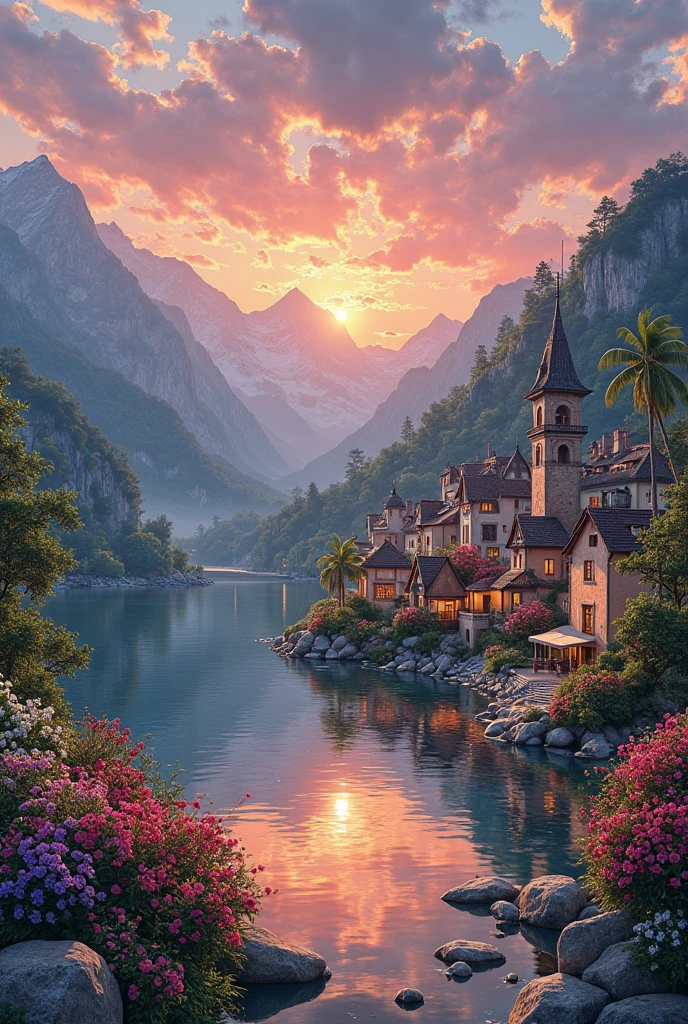 A small town by the river, mountains in the background, colorful floral flowers, detailed landscape, beautiful natural landscapes, atmospheric lighting, scorching sunset, warm colors, practical, photographic, detailed foliage, complex buildings, cobblestone street, charming country house, vibrant colors, lush vegetation, reflections in the water,  picturesque, idyllic, artwork, best quality, 8K, extremely detailed, anime style