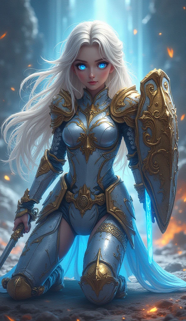 A powerful female knight in shining, ornate silver and gold armor ...