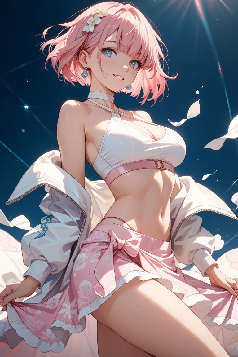Best quality, Ultra detailed, best quality, insanely detailed, beautiful, masterpiece, 8k, 
break  
Colorful background, refraction Glowing white lines ,Crossing Light,light particles
break 
1lady, pink hair, short hair, white flower ornament on head, pink eyes, ultra detailed eyes, dancer dress, blue dress,light green skird on chest ,red heels, 
Break
Dancing, turning around, evil smile, evil grin, (sharp eye:1.2),(scowl:1.1), (stare at viewer:1.5),  (embarrassed,blush:1.3),(ecstasy:1.3) ,(slut:1.2),(vulgarity:1.3),(fucked silly:1.1),(steam:1.1),(wet:0.8),(drooling:0.6),(sweat:0.8), 