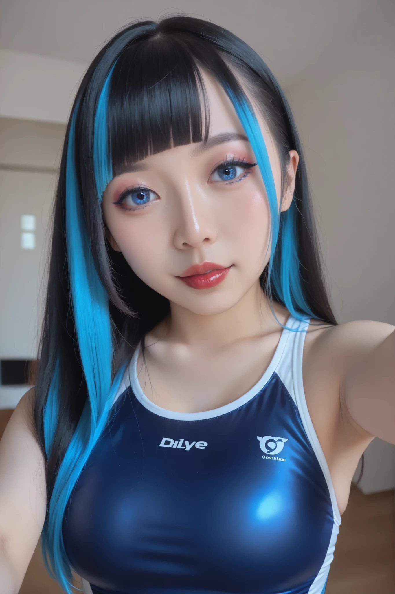 realstic,south asian, cosplay,,upper body,selfie, ,portrait,shiny lips,photorealistic, competition swimsuit,realstic skin,8k,looking at viewer,medium breasts,blue eyes,long hair,blue nails,, tsurime,detail skin,black hair, blue inner hair,dip-dye hair,blunt bangs,make up,gyaru,eyeshadow,red lips,reaching,thick eyebrowcheek,mascara
