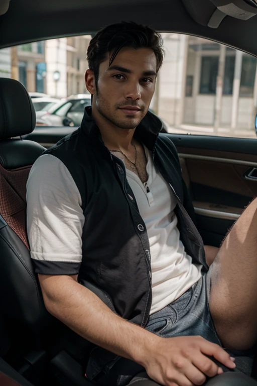 Very handsome man, 29yo, dark brown hair, Wear, Consultation, sitting in the car, long distance shot, Wearing, smirk, realphoto