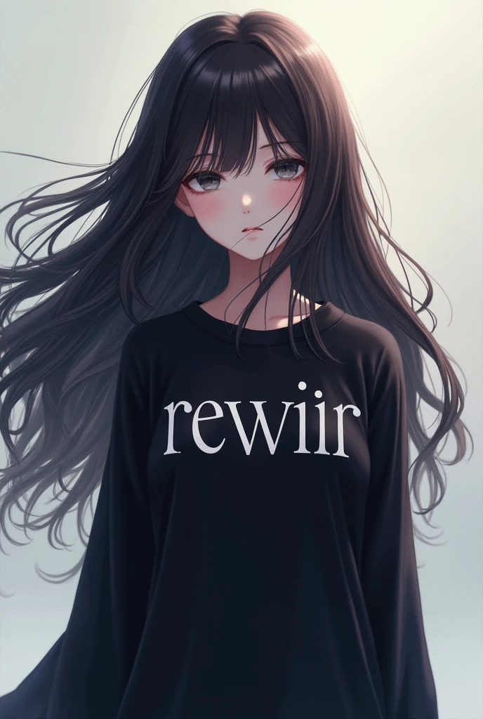 (anime) Beautiful girl with wavy long hair and a long black shirt with ...