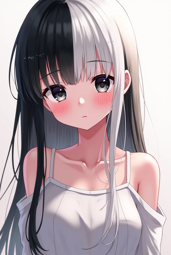 masterpiece, best quality, score_9, score_8_up, score_7_up, 1girl, solo, small breasts, black hair, long hair, gray eyes, scars, burn scars, neutral, head tilt, chemise, white chemise dress, looking at viewer, standing, upper body, black background, simple background