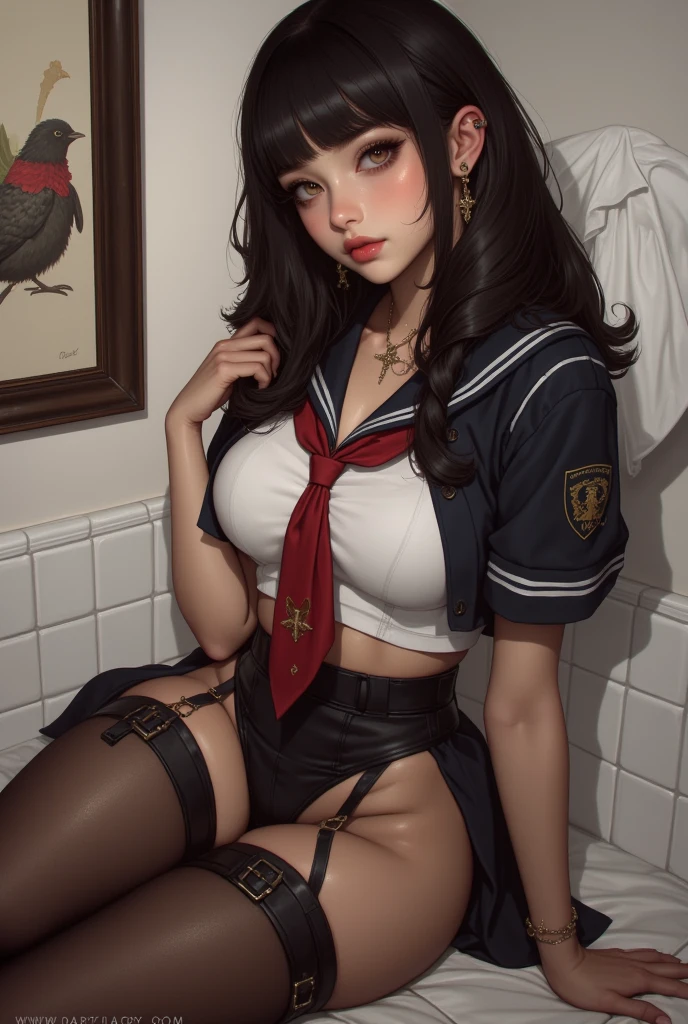 (8K), (Highest quality), (masterpiece:1.2), (Realistic), (photoRealistic:1.37), Very detailed, 1 Girl,cute、Beautiful, perfectly aligned teeth、Beautiful attention to detail, Beautiful and detailed nose, black eye、(Looking at the front)、Big Breasts,Semi-shoulder cut black hair、((topless:1.6))、(skin is moisturized:1.4)、(Trance:1.5)、Cheeks are a little red、Mysterious Beauty, Perching on the clouds, (Fantasy Illustration:1.3), Captivating Gaze, Seductive posture, The charm of another world, Mystical Sky, (Written by Luis Royo:1.2), (Yoshitaka Amano:1.1), ((moon night)), pastel colour, (Cloud Detail View:1.3), Outdoor、palace、balcony、(night、moonlight)、(Fur vest、Garter Stockings、Cat ear、Headband)、(Tie with rope:1.8)、(Semen is on it:1.4)、(Open your mouth:1.2)、(Spread your legs:1.2)、(Front view:0.8)、(Cowboy Shot)