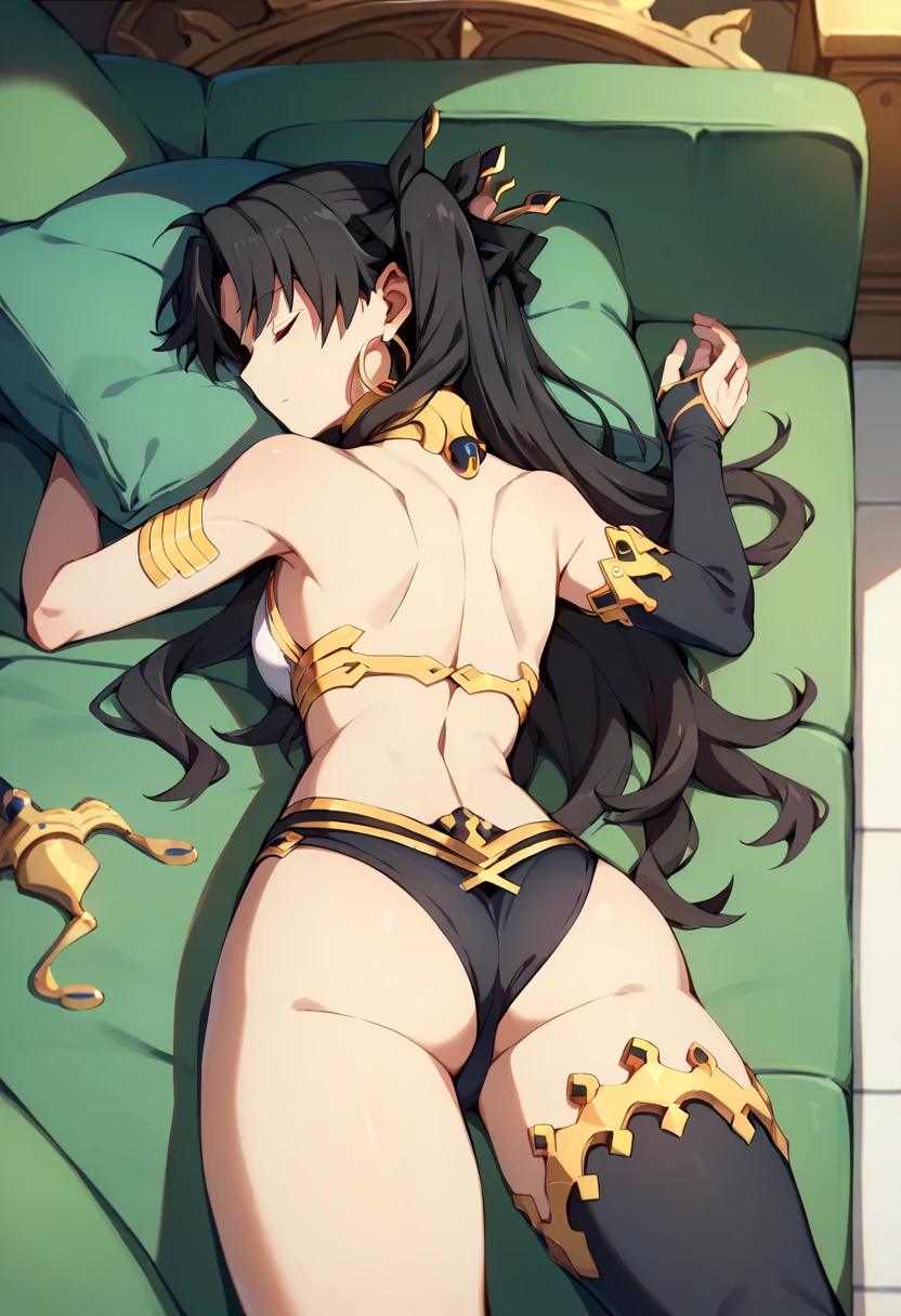 ishtar_(fate), fate_(series), 1girl, red_eyes, black_hair, wearing edgmes, harem outfit, navel, jewelry, dancer veil, circlet black outfit, luxury bed, lewd pose, score_9, score_8_up, score_7_up, nipple, cameltoe, feet up, ahegao