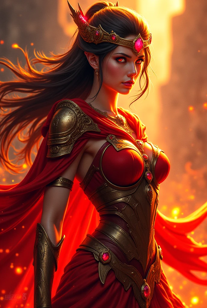 ((realistic:1.5)),((best quality)), ((masterpiece)),((detailed)), ((8K)), (1girl), (a beautiful 27 year old female fighting a red demon), (half body:1.5), face focus, toned muscles, long legs, slim thighs, narrow hips, green eyes, tiny breasts, (detailed face, sultry smile, beautiful eyes, detailed clothes, clear background:1.5), (Normal skin, short black hair, outlined eyes, outlined face, bracelet, half body), wearing intricately detailed red warrior dress, boots, belt, fighting a demon, detailed night volcano background, stars, soft lighting, best shadow, soft details, perfect composition, Intricate, Sharp focus, dramatic, by luis royo, by julie bell
