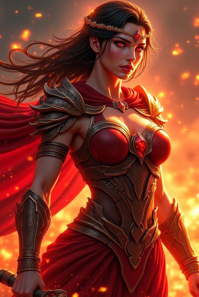 NSFW、Black light、real art、Slender and muscular macho woman、Super beautiful(like the real thing)、black eye、Super fine、1 milf、light brown mohawk hair、mature demon slayer: Kimetsu no Yaiba、cool smile、very big breasts、Glowing black eye、Slender and muscular macho mature woman、Slender and muscular lower body、red sexy metal chest armor、luxury black and red pants、luxury red shoulder armor,detailed light、An illustration、dynamic angle、Depth of the bounds written、(((((())))、in battle pose、Show me your fangs、(Super A)High resolution、best image quality)、(8k、Raw photo、best image quality、masterpiece)、technical sense、best image quality、masterpiece、enlightenment、CG、sense of oneness、wallpaper、official art、amazing、finely、very delicate and beautiful、attention to detail、attention to detail、sharp focus、rich background、(real human being、image)、((High resolutionスキン))、A large flame burning red from the body(tonal flame effect)(There are many big flames)fantasy art、shoulder muscles abs、arm muscles,super realistic skin、fighting pose,look at the audience,