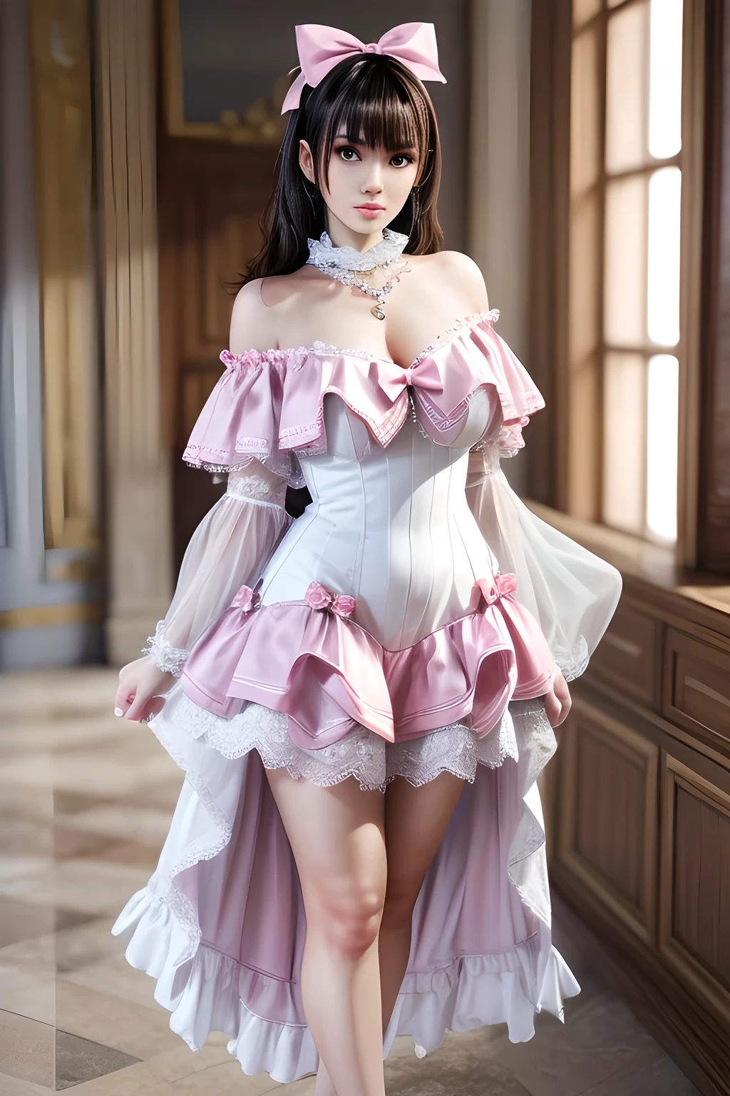 Romantic Rosette dress2, ((full body)), ((leaning forward)), (上身前倾, 弯腰), ((from above)), ((realistic)), 1girll, posed for photo, Outdoor scene, the night, lamplight, Stand up, Pleasing posture, Eye-catching poses, pretty legs, looking at viewert, Detailed scenes, curlies, Air bangs, Beautiful hair accessories, Brownish-yellow hair, light make-up, Blushlush, Gloss on lips, (Campus style), warm lights, a warm color palette, Detailed details, 超詳細, (tmasterpiece, best qualtiy), (An extremely delicate and beautiful work), Delicate earrings, Delicate necklace, Simple blurred background, Extreme detail description, Ultra-fine painting, Delicate face, slim toned body, Slimming the waist, (grin, happy grin, Baring teeth), (anatomy correct)