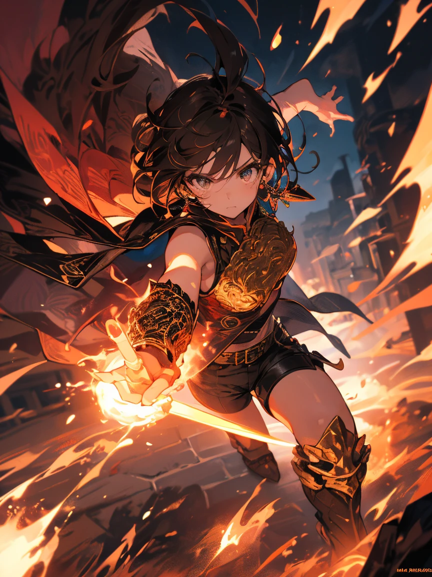 (young boy, age 16, height 1.80 meters) (dark brown skin) (brown eyes) (short, curly black hair) (medium physique of a 16-year-old) (afrodescendant features with a hint of mixed heritage) (imperial attire from the 8th century) (shiny black cape) (black clothes with gray tones and golden details) (black boots with gray and golden accents) (arrogant, eccentric, egocentric, proud personality) (extremely high hormones) (hyper-exaggerated lecherous personality akin to Meliodas, Master Roshi, and Jiraiya) (full body, dynamic pose) (detailed face, expressive eyes) (anime style, 2D illustration)