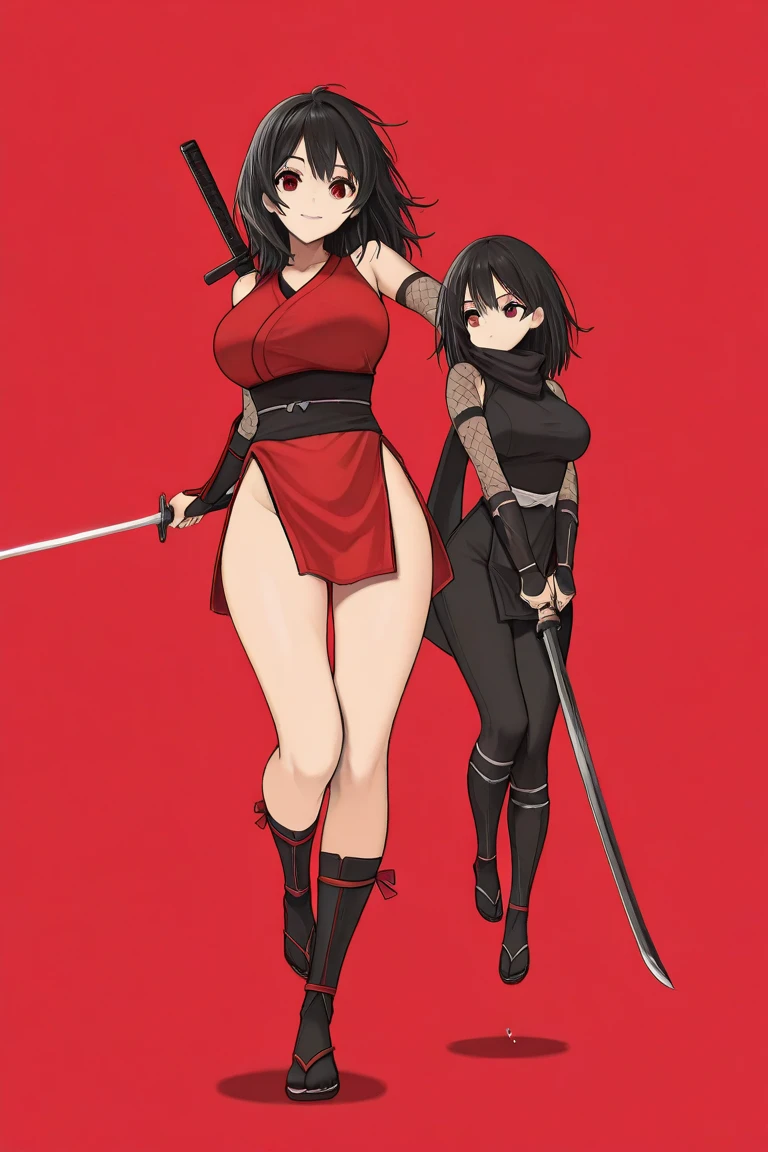 a SAMURAI , pretty face, serious face, short hair, green eyes, perfect body, fit body, abdomen, big breasts, muscular, small black thong, fishnets stockings, small bikini