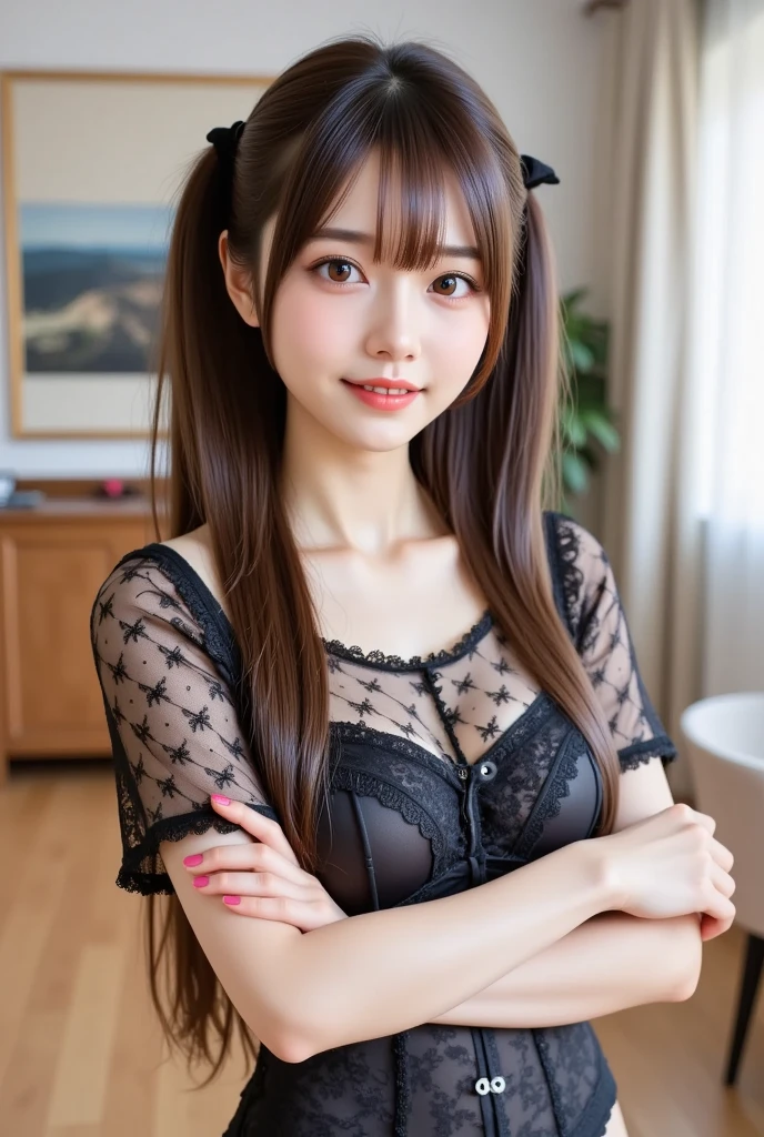 Highest quality,8k,High definition,Beautiful face like an actress,18-year-old,With bangs,,Smile,Brown Hair、Long Hair,sexy lace costume