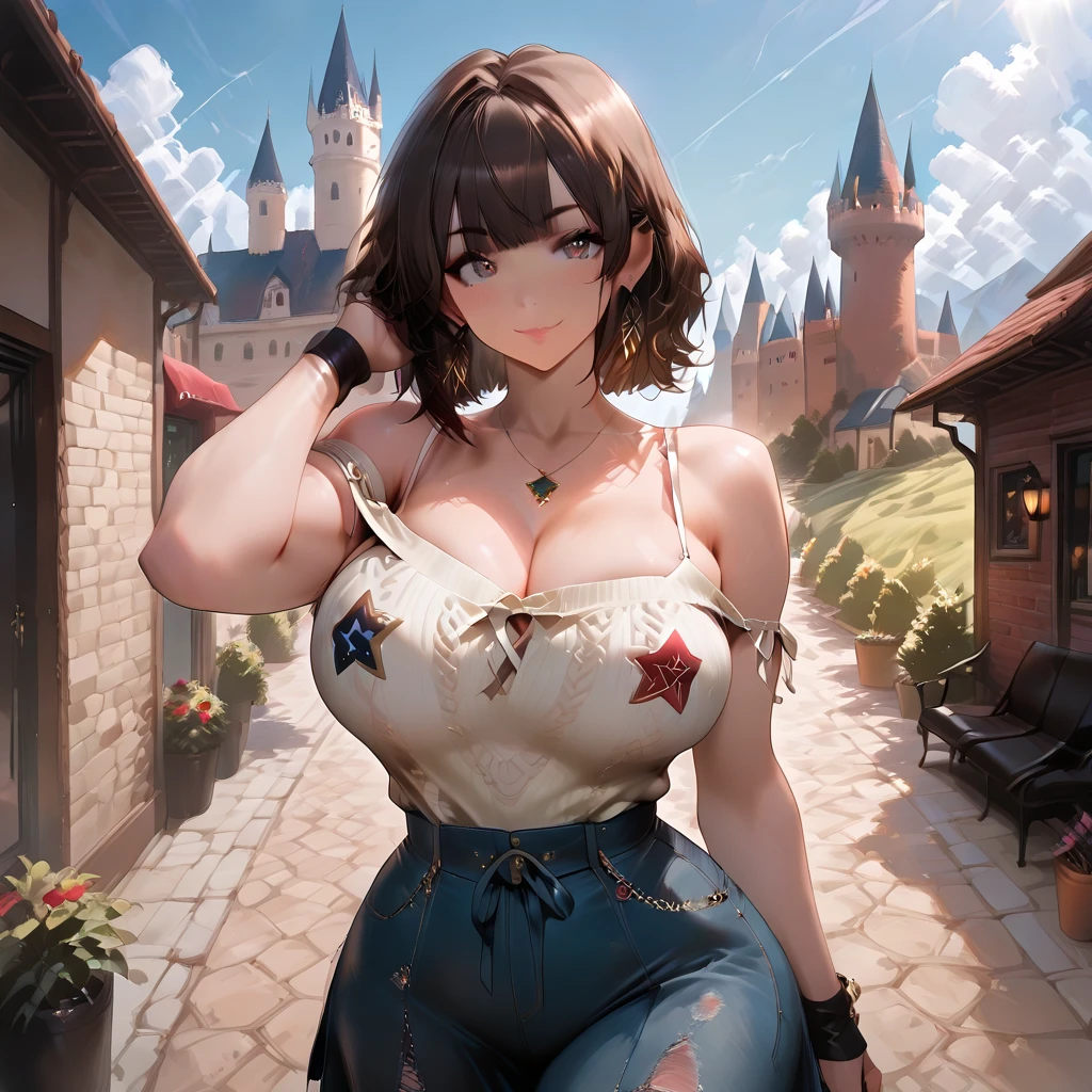 10k, fantasy, (giantess:1.2), hills, height_difference a giantess looking down at a kingdom, giantess with a small village in front of her breasts, castle, fortress giantess, adventurer, eyes looking down, huge breasts a tiny village from above, rivers, hills, medieval, extremely detailed eyes, a giantess with a small castle in front of her breasts