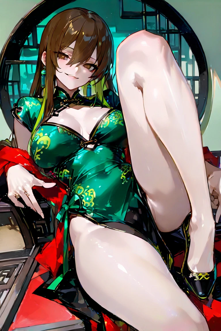 (((Horse Girl))), (((Fine Motion))), 1 person, Thighs, sitting on a luxurious red sofa, (((So that the crotch is well visible))), (((Legs spread wide))), smile, Dress like a young lady, (((Sexy panties with green embroidery))), High resolution, Her breasts are elegant and large., (((Only one breast is exposed))),
