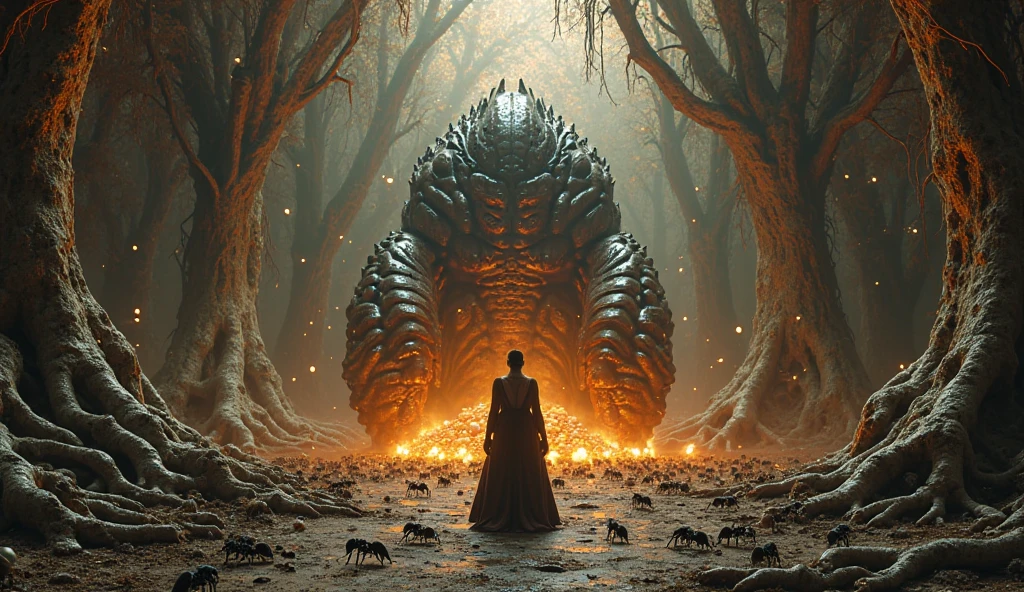 first-person view standing before the ancient queen of the colony, her body massive and covered in dark reflective chitin with glowing pulses under her plates, surrounded by a circle of elite nurse and guard ants, eggs gently pulsing behind her throne, ceiling supported by arching root structures, throne carved from fused crystal and resin bones, ambient light shifts through translucent root membranes, entire scene feels divine and terrifying, the heart of the ant world, photorealistic, macro fantasy cinematic ending