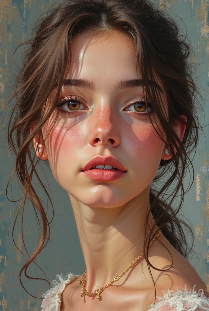 Hello I want to create a portrait of a pretty girl with red chinks but imagine that it's a painting and it's the first coat of paint 