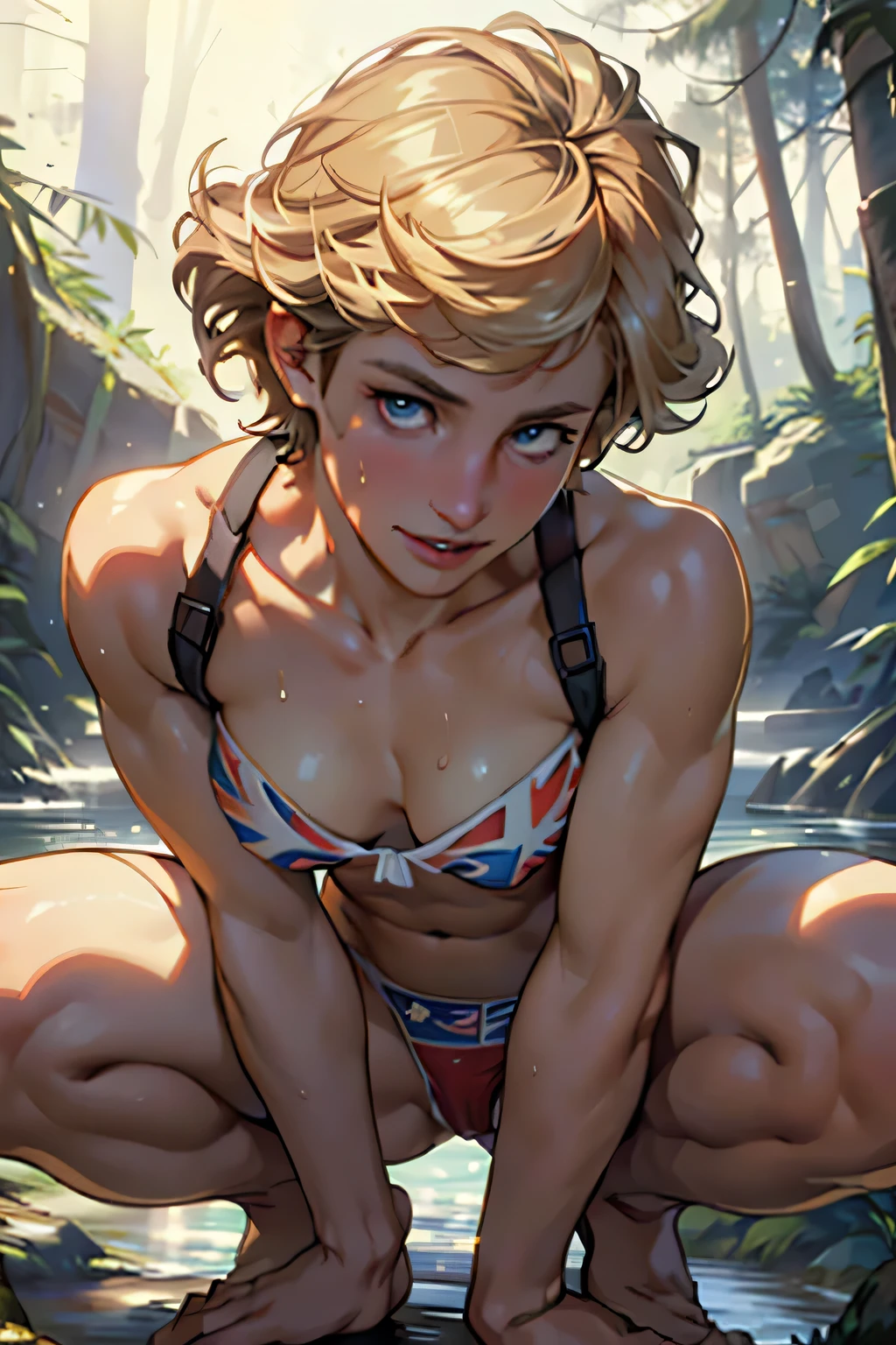 (masterpiece:1.3), (8k, photorealistic, RAW photo, top quality: 1.4), (1 girl), beautiful face, (princess diana, Captain Britain), ( Gold, short hair:1.3),  Beautiful Hairstyle, realistic eyes, beautiful and detailed eyes, (real skin), Beautiful Skin, charming, Ultra High Resolution, Super Real, very detailed,  golden ratio, ( Accurate hands and fingers ), big breasts, ((Squatting in a hot spring)), flashing, sweat, nsfw ((UnionJack bikni:1.4)), ((underwear)), ((lower body naked)), (Bust with a visible vaginal hole ), (orgasm:1.1), break (An unexplored hot spring ), ((Deep in the forest:1.2)), (steam:1.2), ((Front low angle:1.2))