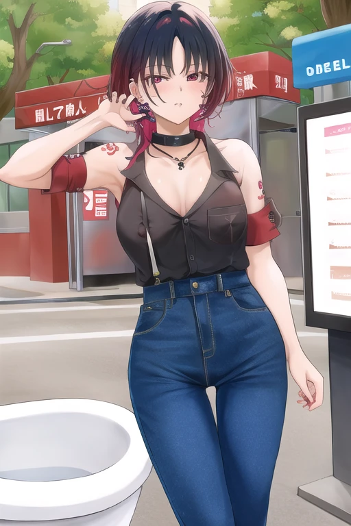 Nishikino maki, purple eyes ,tube top, strapless ,(pants:1.2), tight, medium breasts