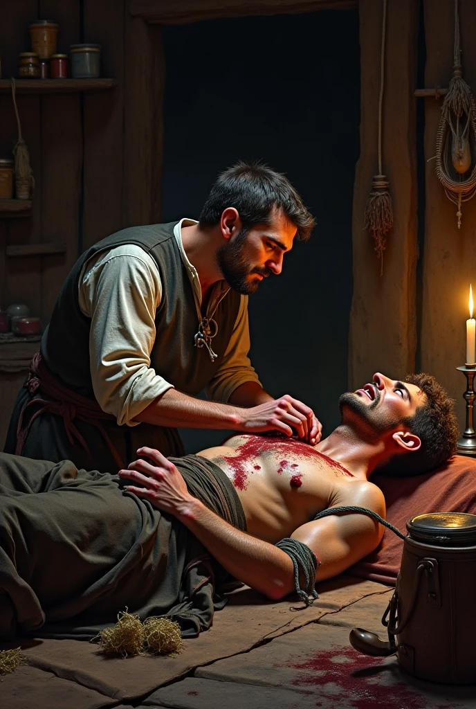 Man in the Middle Ages holding a knife performing surgery on another man's abdomen in a house with dirty bricks