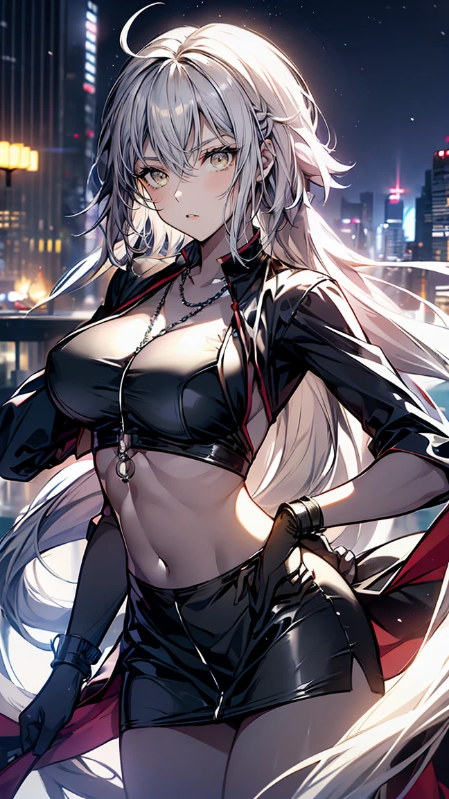 anime women, sexy dark outfit with red details, white hair, (golden eyes) standing in a rain soaked street at night, photorealistic, cinematic lighting (best quality:1.2),ultradetailed,(photorealistic:1.37),vivid colors,bokeh,[realistic], angry looking face with smirk on mouth, piercing, ABS, dominatrix, wet, dynamic